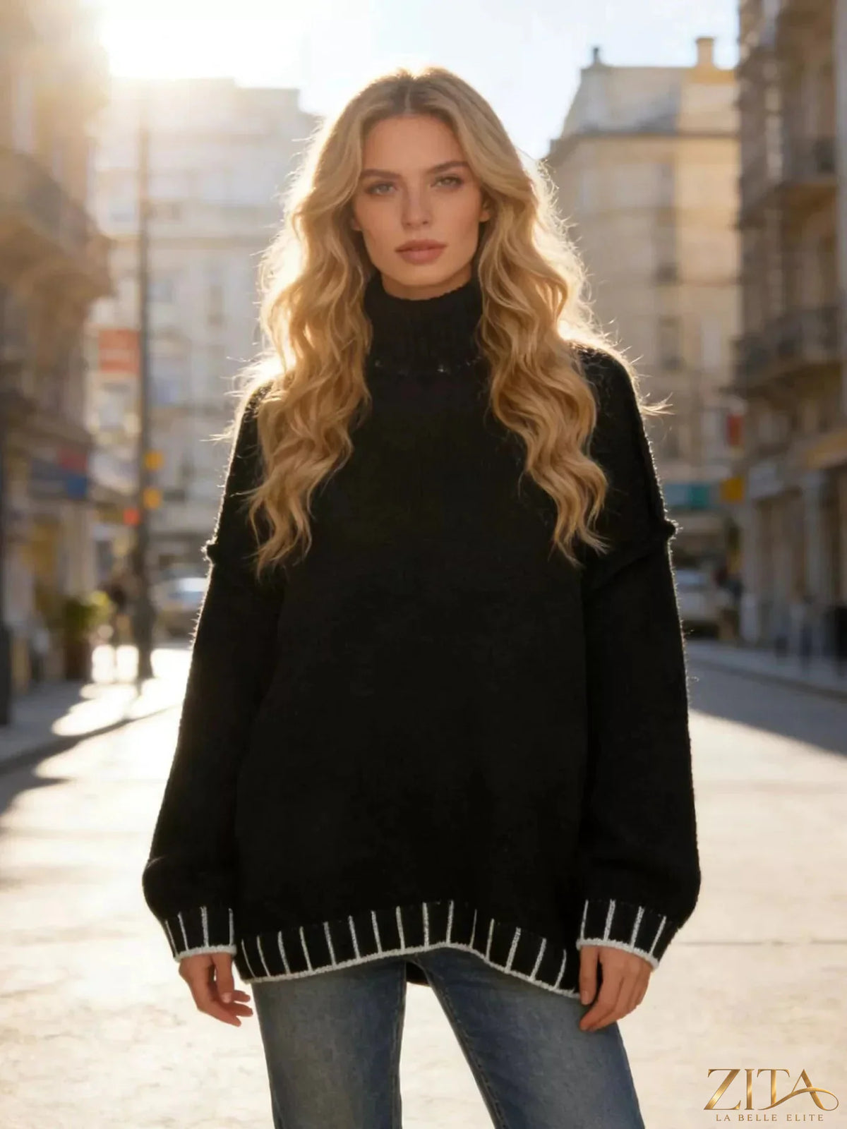 Zita La Belle Elite turtleneck dropped shoulder sweater in cozy knit, featuring a relaxed fit and ribbed cuffs.