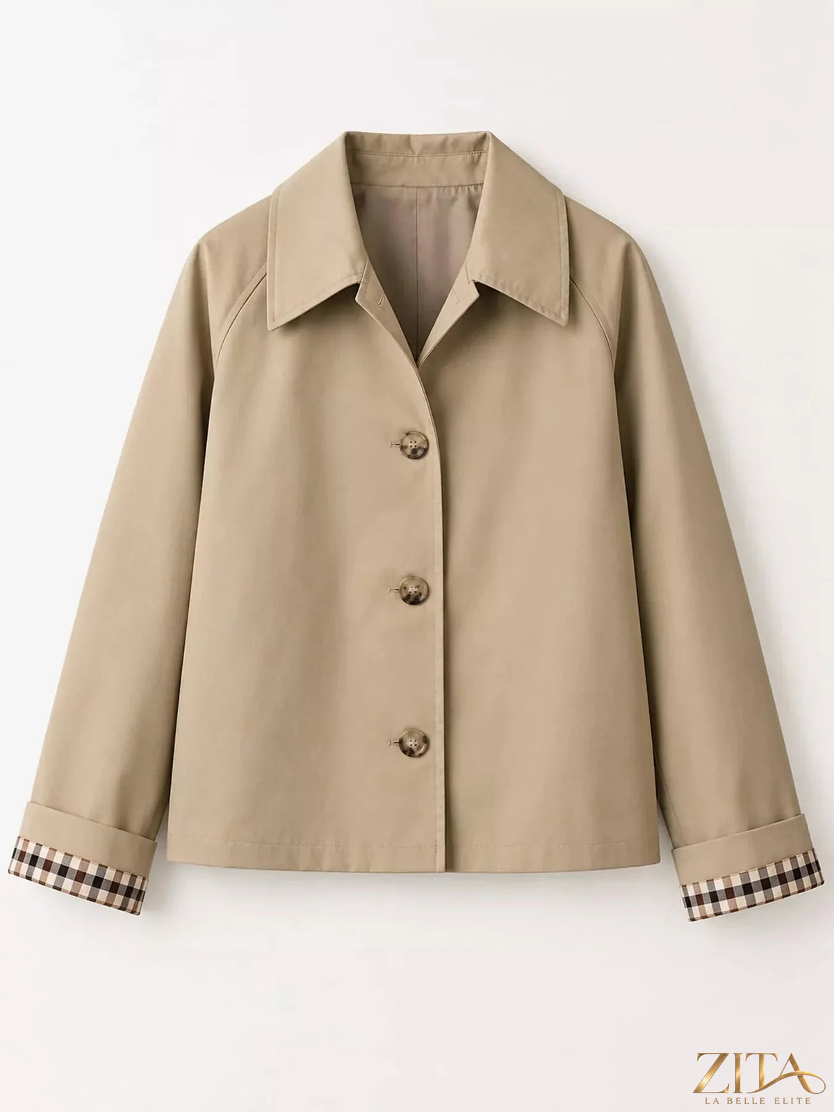 Zita La Belle Elite plaid cuffs cropped trench coat with stylish outerwear, featuring a classic plaid pattern and cropped design.