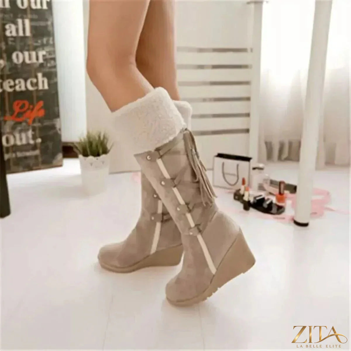 Zita La Belle Elite round toe wedge boots in black leather with chunky heel and stylish design.
