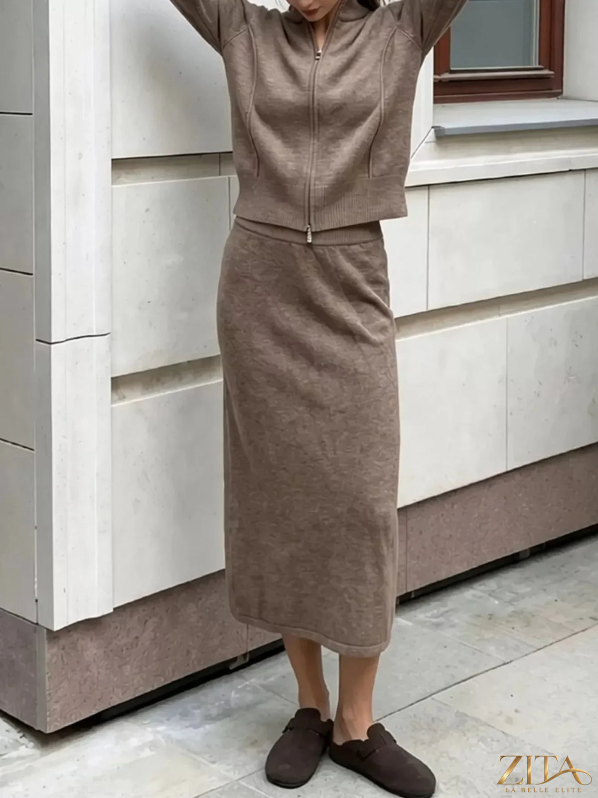 Zita La Belle Elite zip-up mock neck cardigan and matching midi skirt sweater set in soft fabric, displayed on a mannequin.