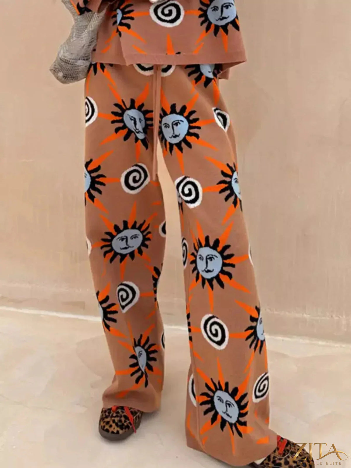 Zita La Belle Elite sun graphic top, matching cardigan and pants 3-piece sweater set, casual and colorful outfit for women.