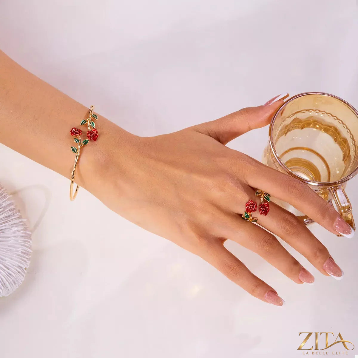 Rose bypass ring and bracelet jewelry set by Zita La Belle Elite featuring elegant rose designs on silver-tone metal.