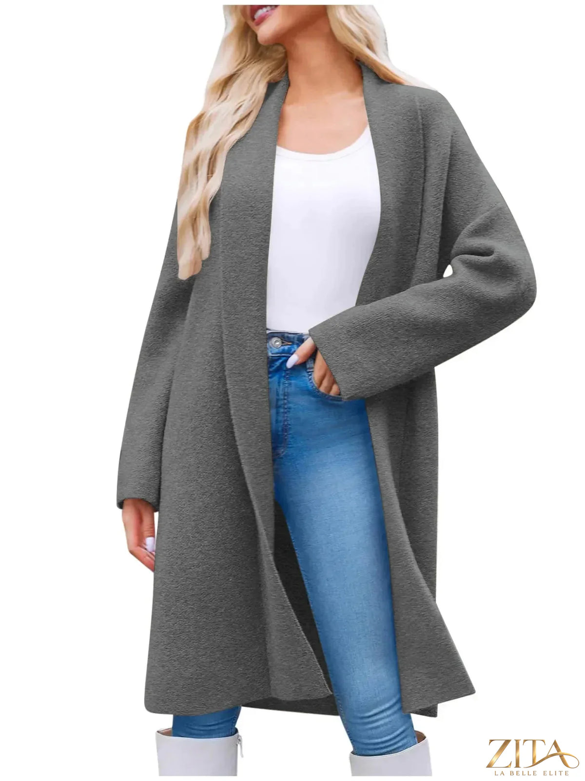 Open front longline coat by Zita La Belle Elite, featuring a stylish long silhouette and soft fabric in a neutral color.