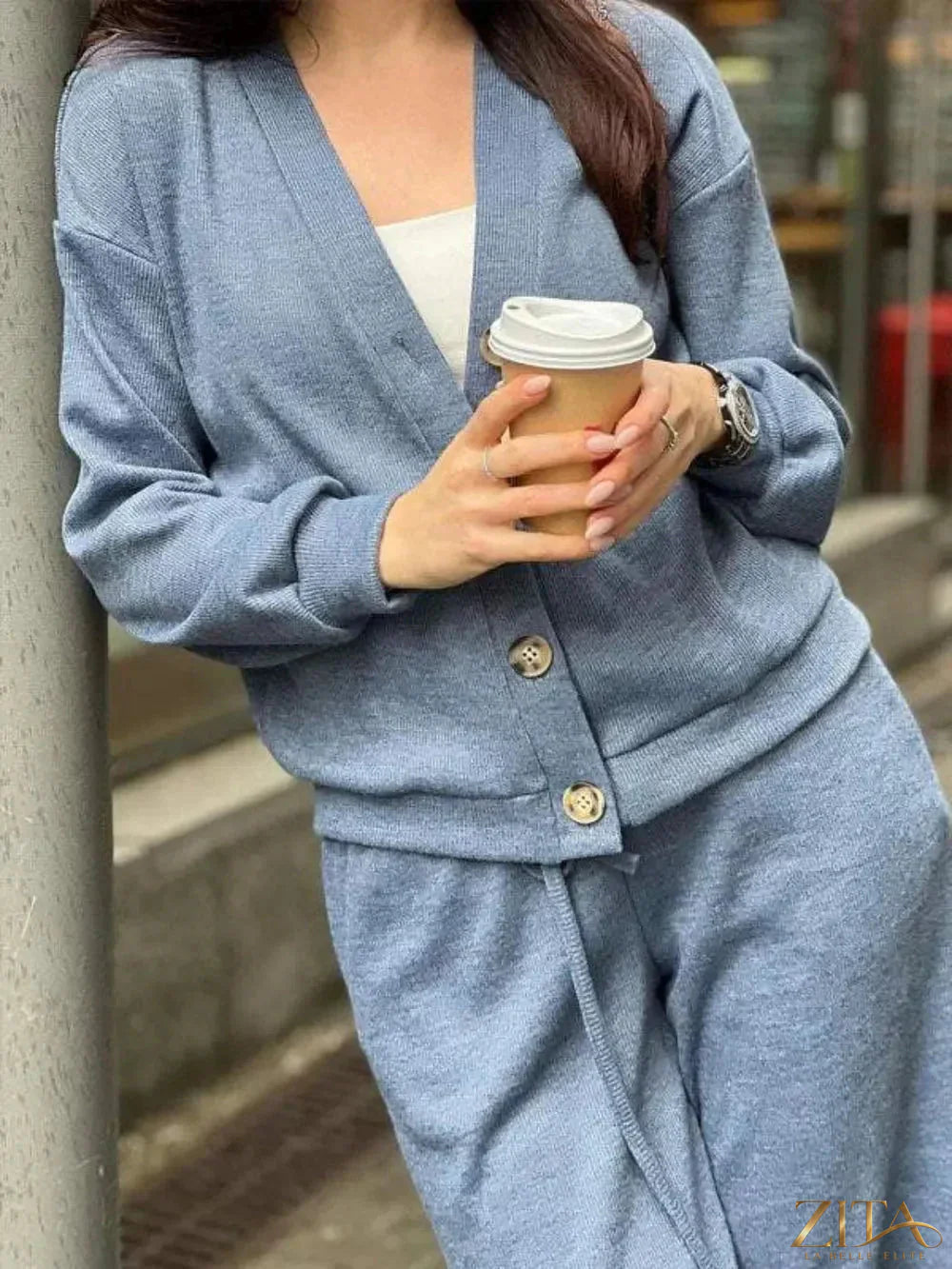 Zita La Belle Elite full size button-up long sleeve top and pants set, casual loungewear with a comfortable fit and classic style.