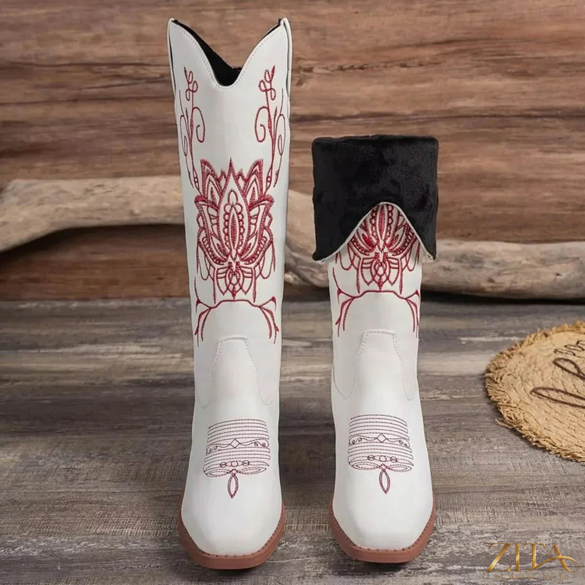 Zita La Belle Elite embroidered block heel boots with intricate embroidery and a stylish chunky heel, shown on a white background.