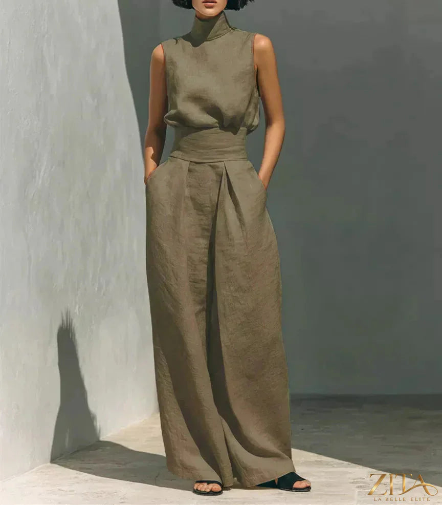 Plus size Zita La Belle Elite sleeveless turtleneck top with wide leg pants set, showing the stylish outfit on a model.