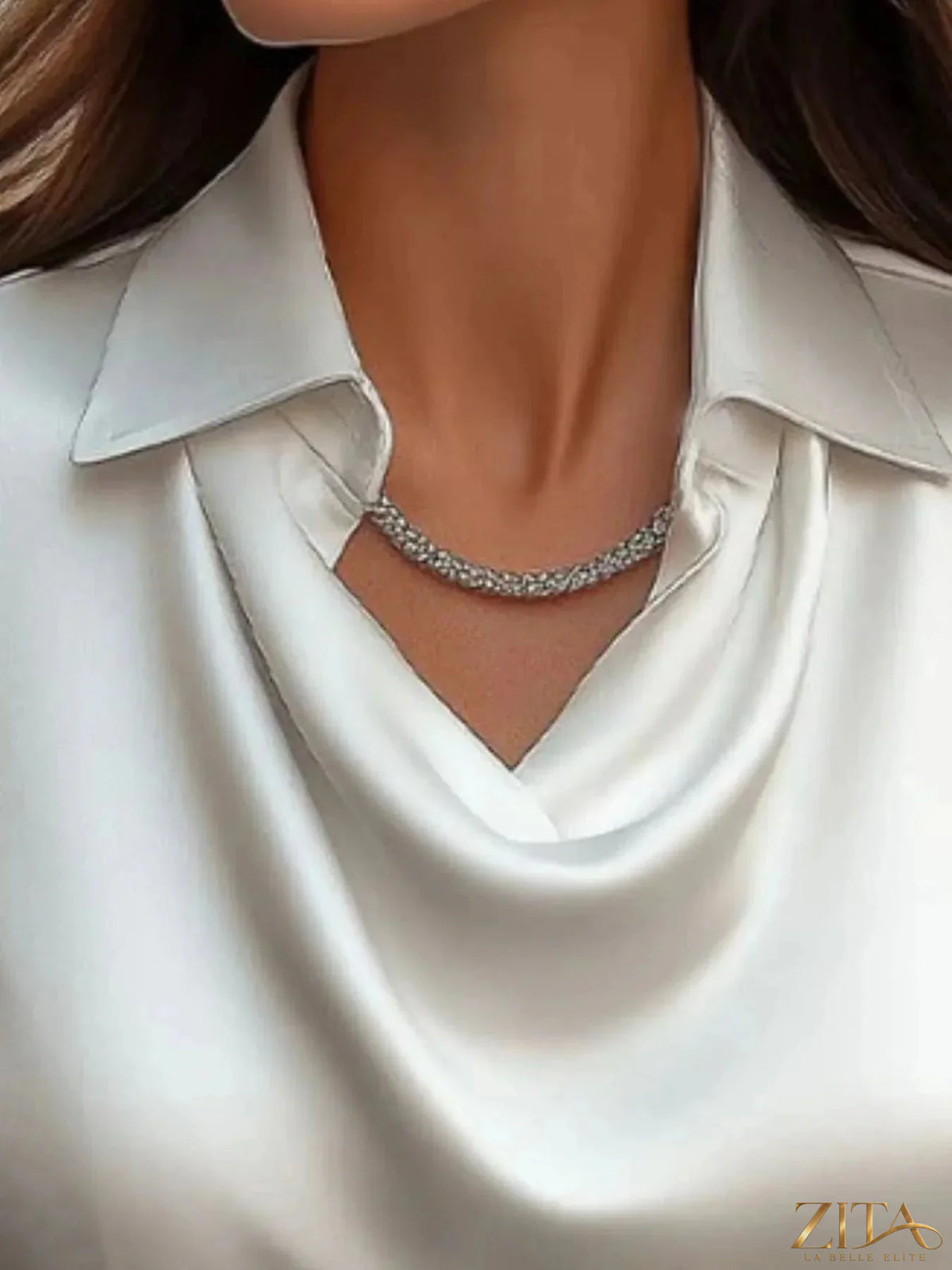 Zita La Belle Elite satin collar long sleeve blouse in elegant fabric, featuring a tailored fit and stylish design.