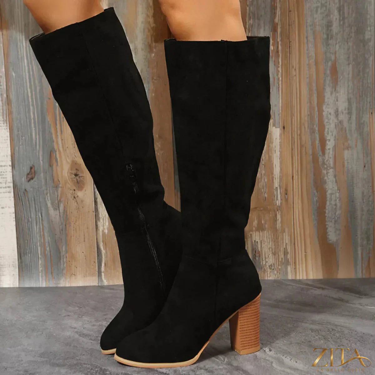 Zita La Belle Elite point toe block heel boots featuring sleek design and stylish ankle height in black leather.