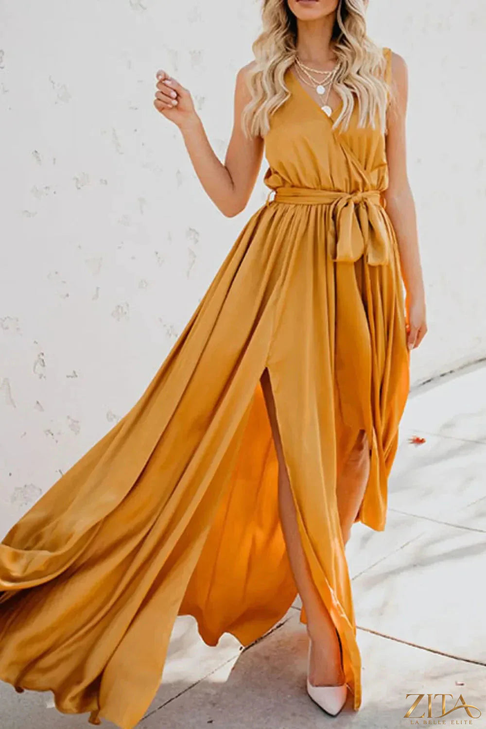 Zita La Belle Elite surplice tie waist maxi dress in flowing fabric with a deep V neckline and elegant silhouette