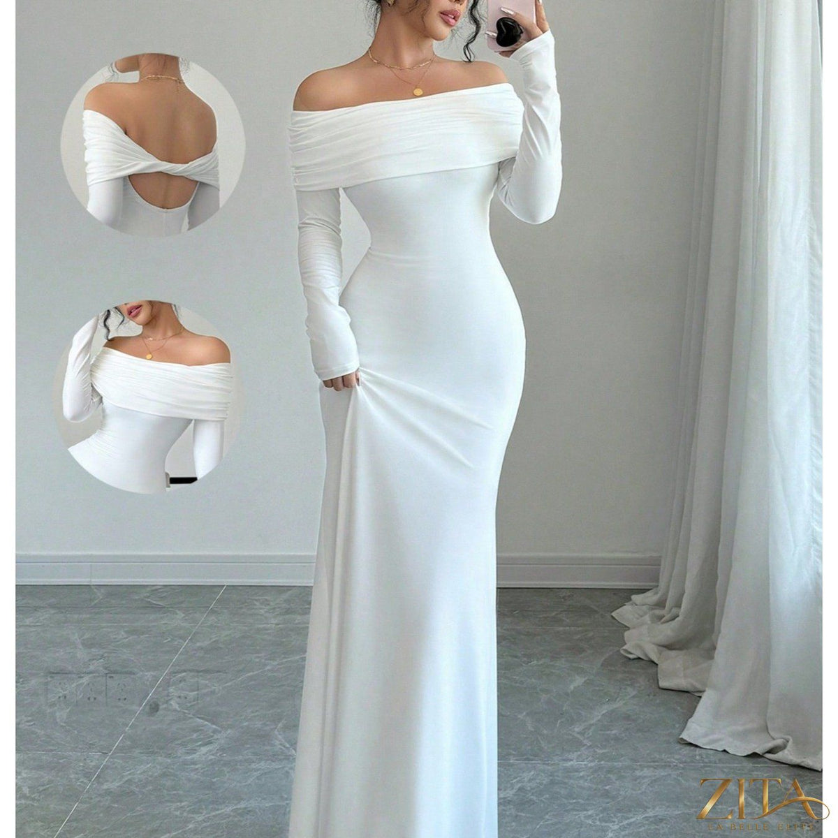 Elegant off-shoulder midi evening gown by Zita La Belle Elite, featuring a flowing silhouette and sophisticated design for women