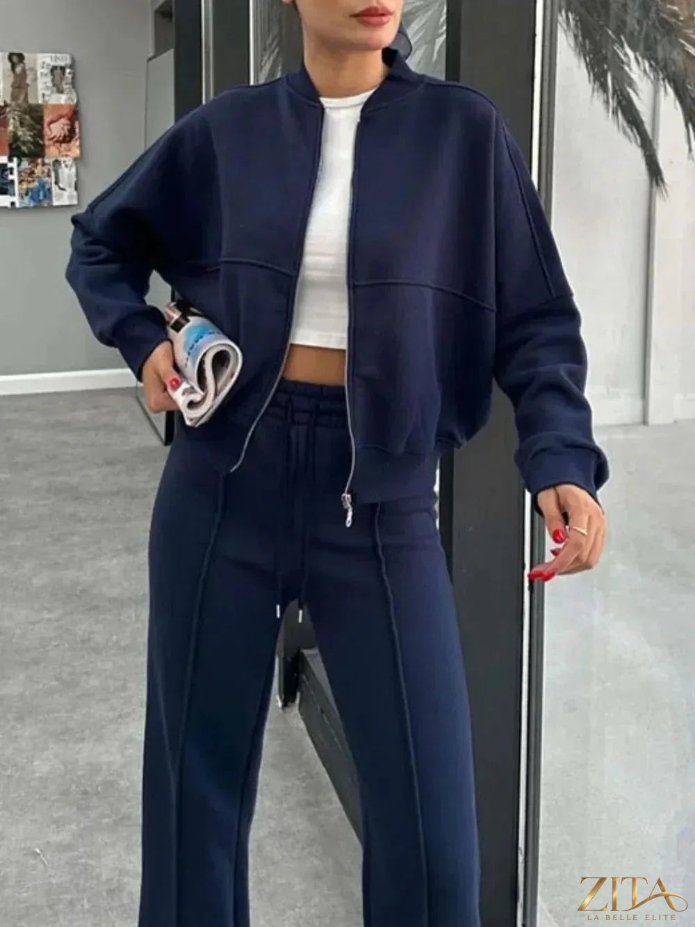 Zita La Belle Elite baseball collar zip-up outerwear and drawstring pants set, black and white casual athletic clothing for women
