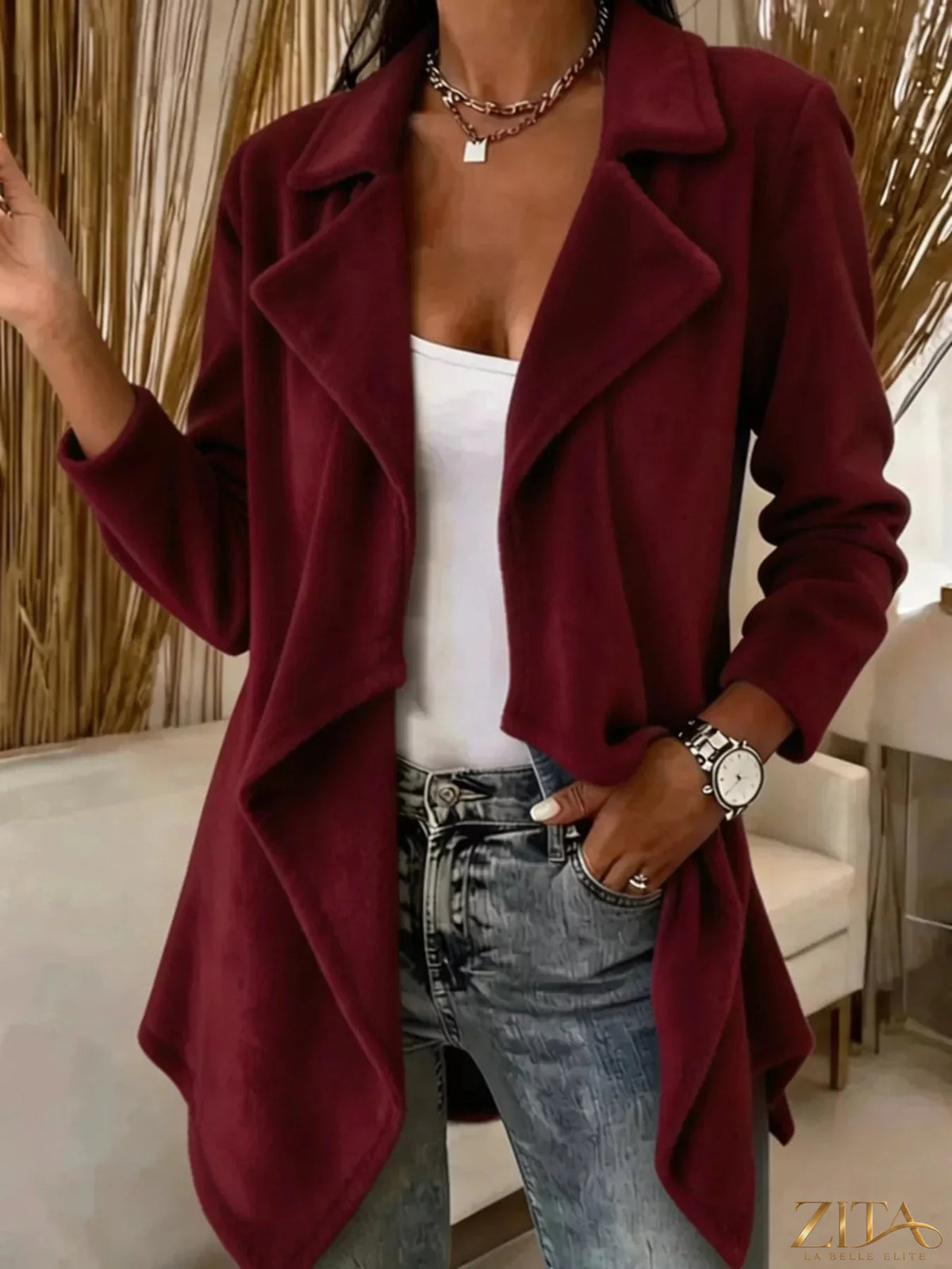 Plus size Zita La Belle Elite fleece outerwear with a waterfall collar, showcasing the plush, full-size water-resistant fleece material.