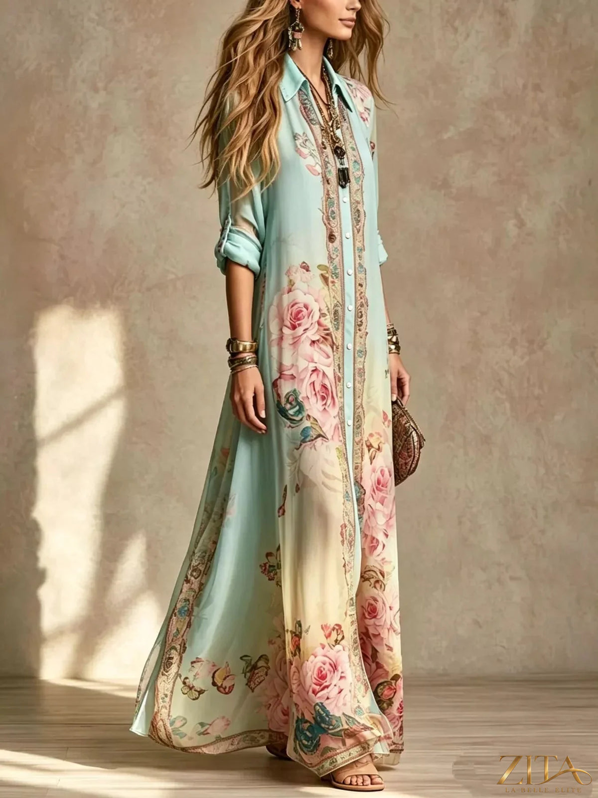 Plus size floral print button-down maxi shirt dress by Zita La Belle Elite, featuring a full-length flowy design with vibrant floral patterns.