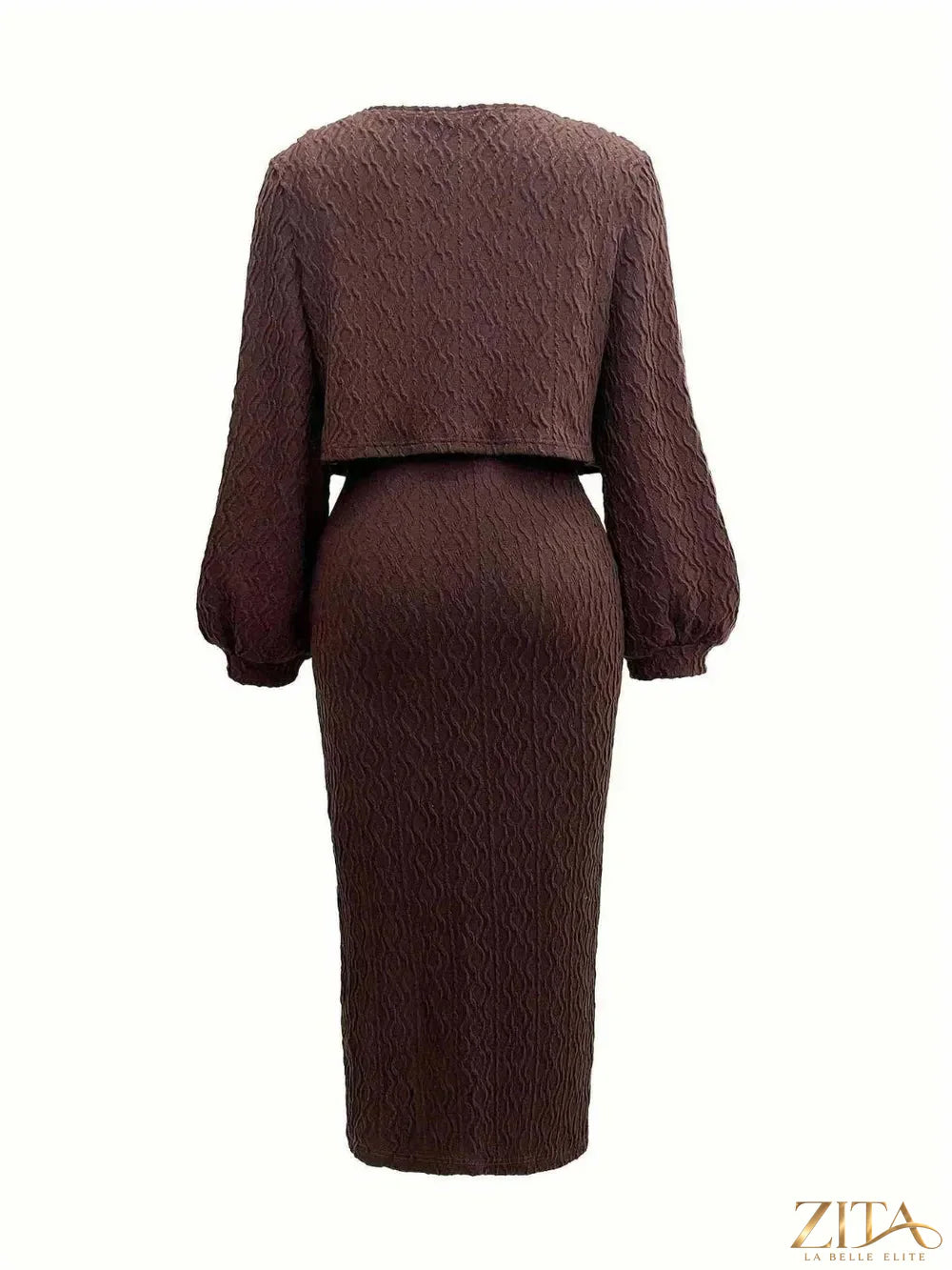 Zita La Belle Elite open front long sleeve cardigan and side slit cami dress set displayed on a model.