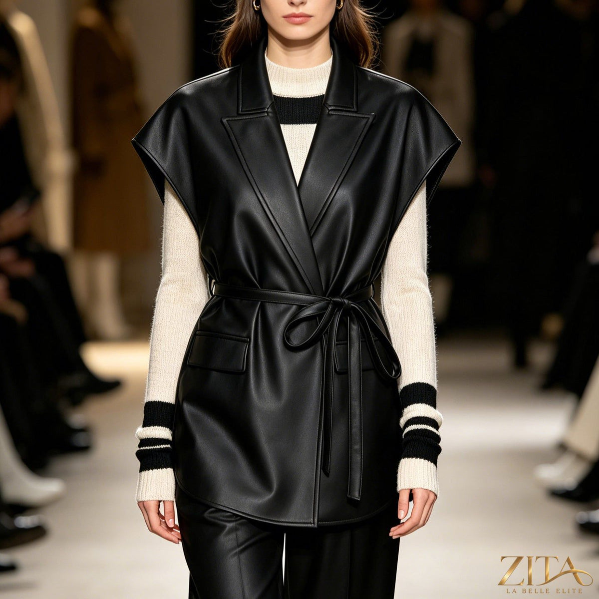 Zita La Belle Elite sleeveless faux leather vest jacket with tie waist, stylish outerwear for a modern look.