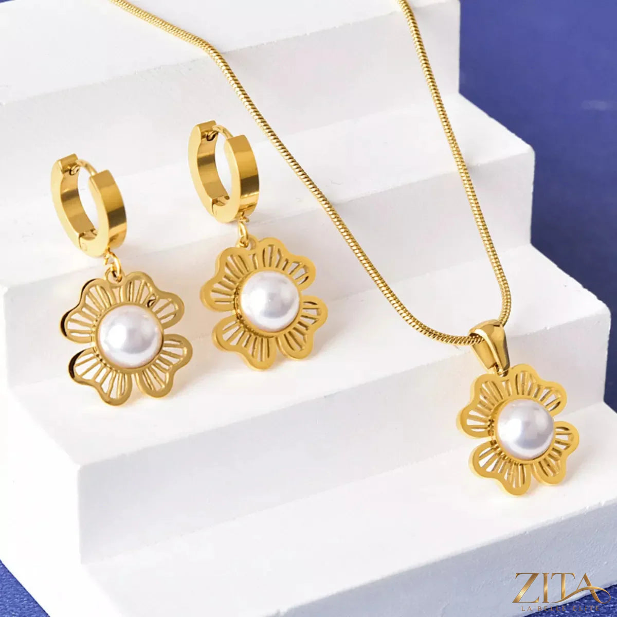 18K gold-plated flower jewelry set featuring earrings and necklace with floral design, stylish and elegant for special occasions