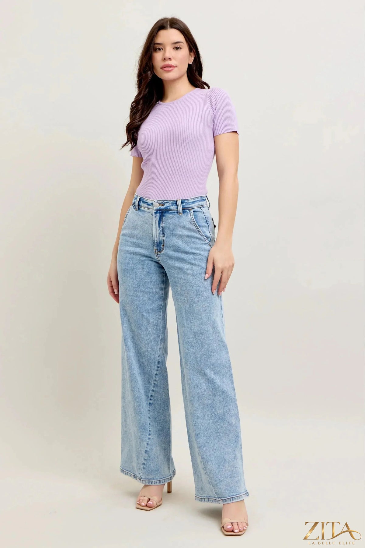 Zita La Belle Elite Judy Blue high waist wide leg jeans with skewed inseam, featuring a relaxed fit and stylish denim design.