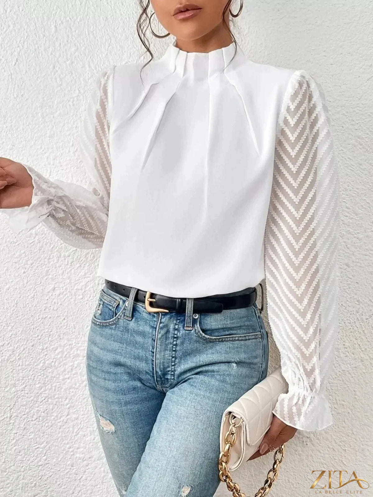 Zita La Belle Elite mock neck sheer lace sleeve blouse with elegant design and intricate lace detailing.
