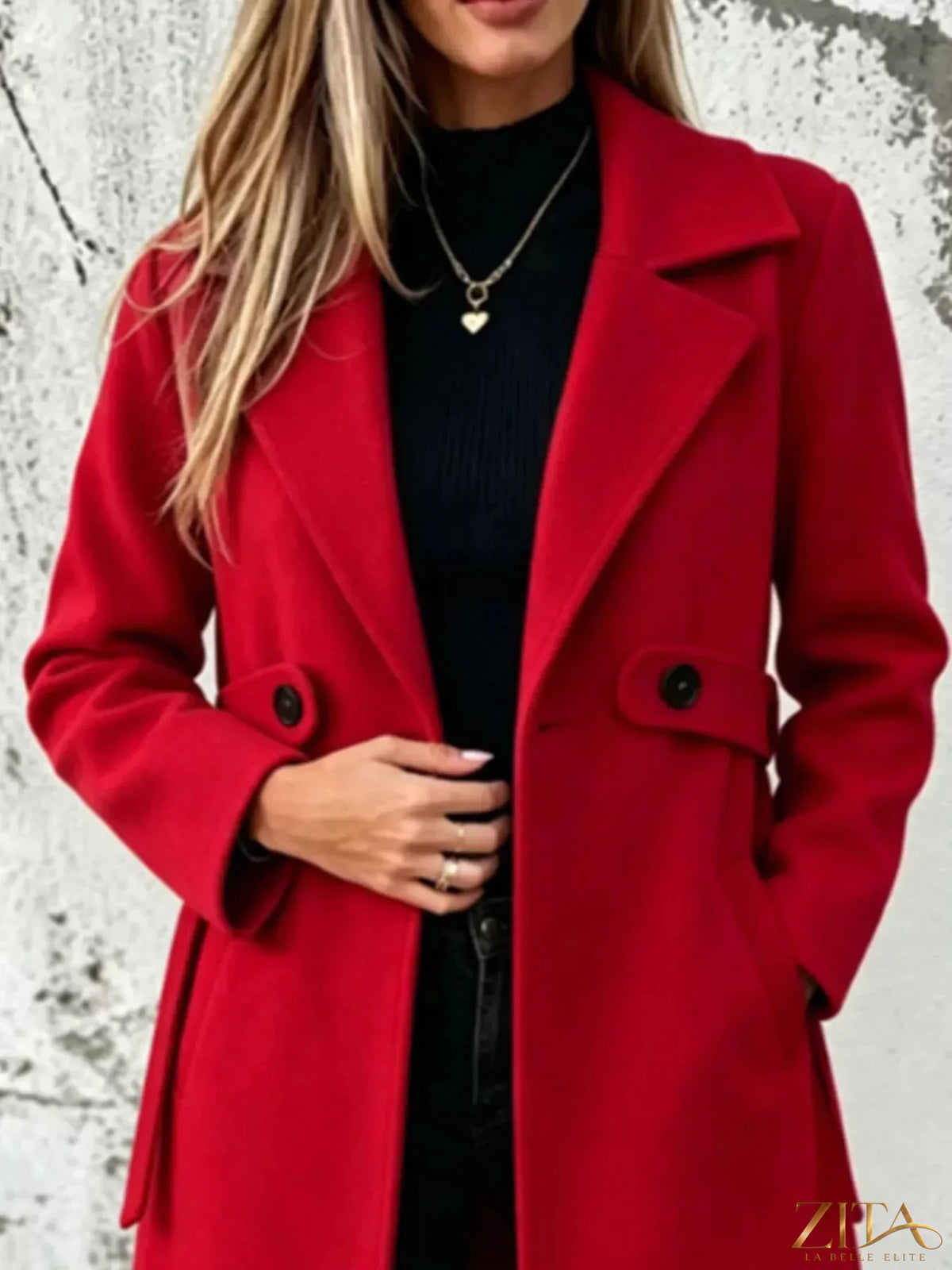 Full size Zita La Belle Elite longline overcoat with lapel collar and plus size fit, shown hanging on a clothing rack.
