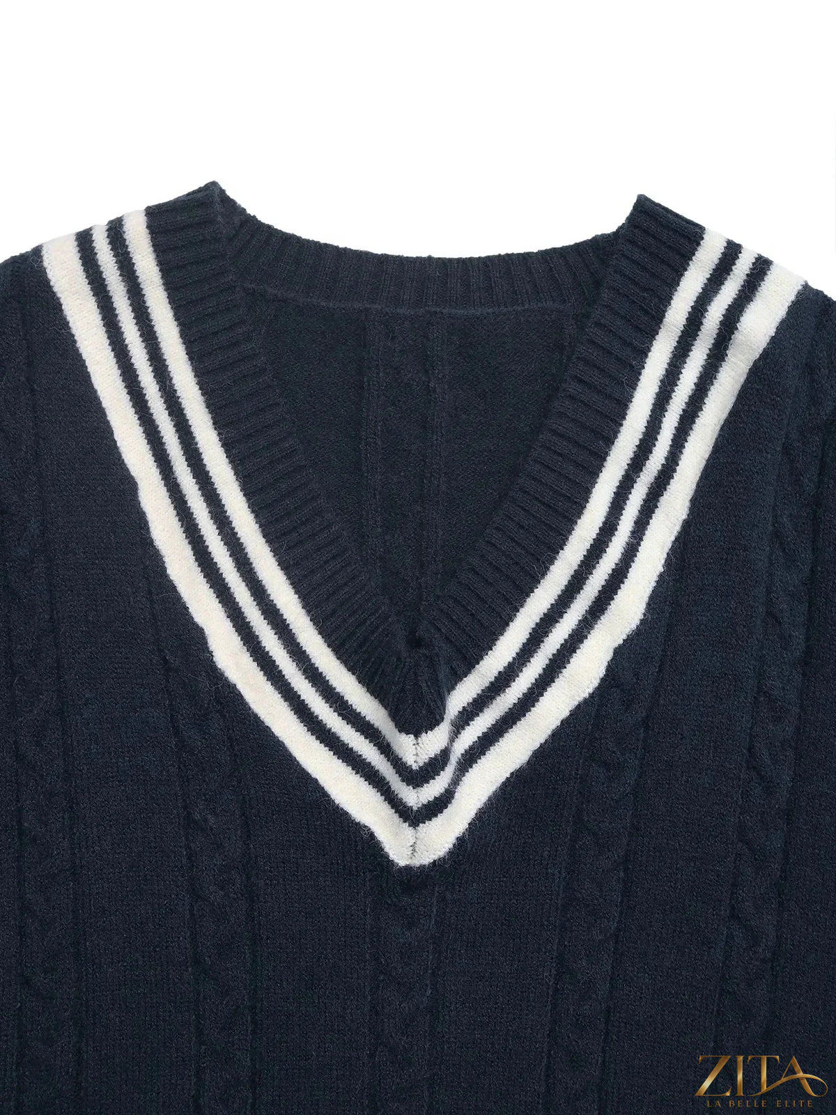 Zita La Belle Elite contrast striped V-neck sweater with navy and white horizontal stripes, soft knit fabric, and fitted style.
