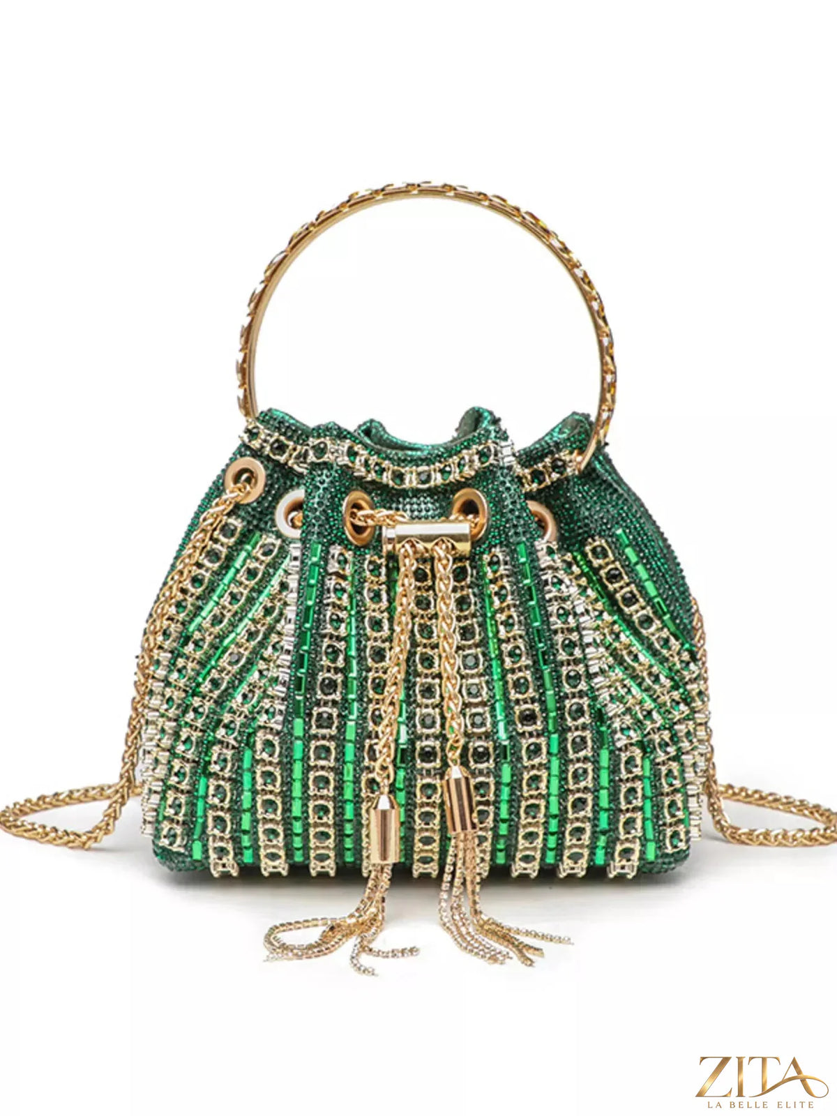 Zita La Belle Elite holiday party rhinestone embellished bucket crossbody handbag with sparkling details and a stylish design.