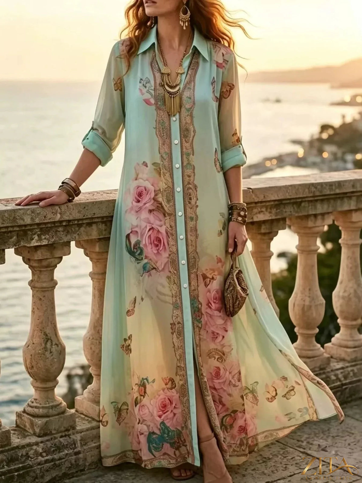 Plus size Zita La Belle Elite floral print maxi shirt dress with button-down front and full-length design on a model.