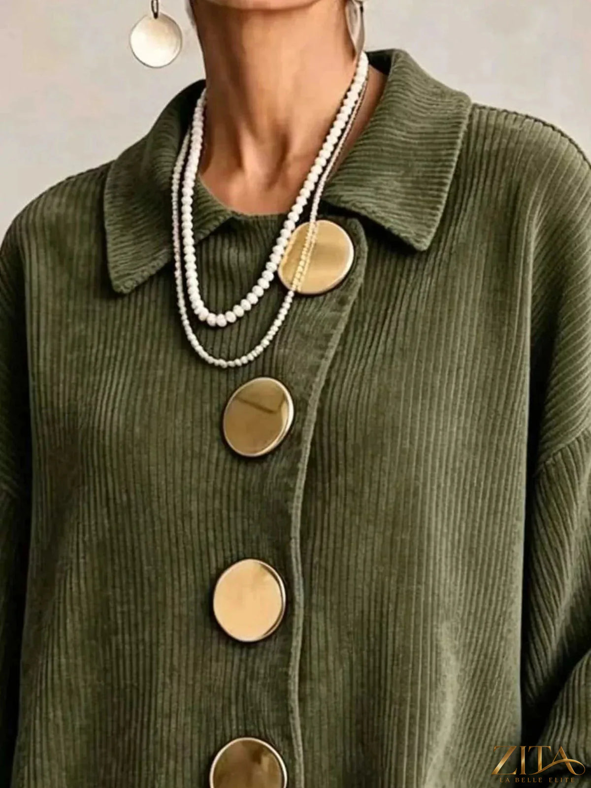 Plus size ribbed knit cardigan with gold buttons by Zita La Belle Elite, showing the full front view and textured fabric.