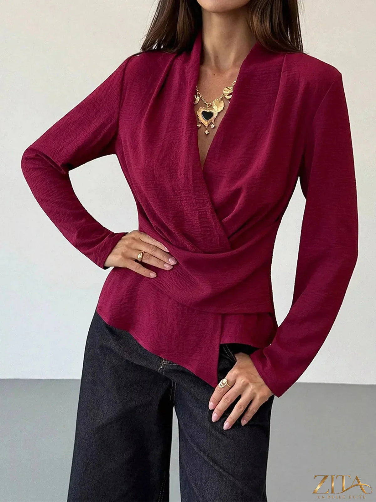 Zita La Belle Elite wrap-front long sleeve blouse in soft fabric, featuring a stylish V-neck and fitted waist.