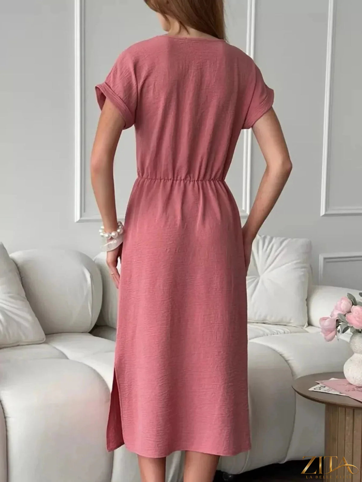 Zita La Belle Elite casual midi dress with drawstring waist, lightweight fabric, fitted bodice, and relaxed skirt in a neutral tone