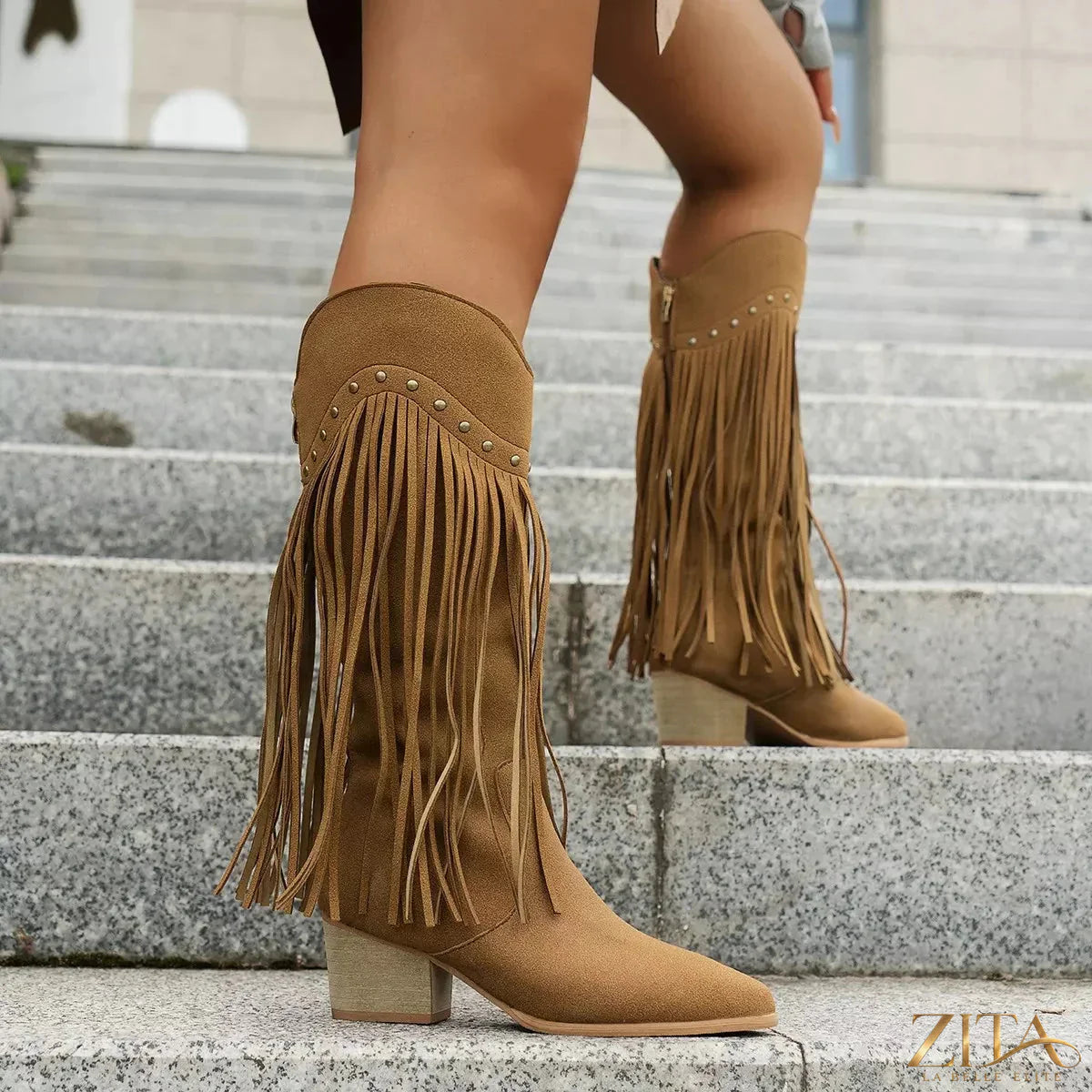 Zita La Belle Elite fringe point toe block heels boots with stylish fringe detail and sturdy block heels on a white background.