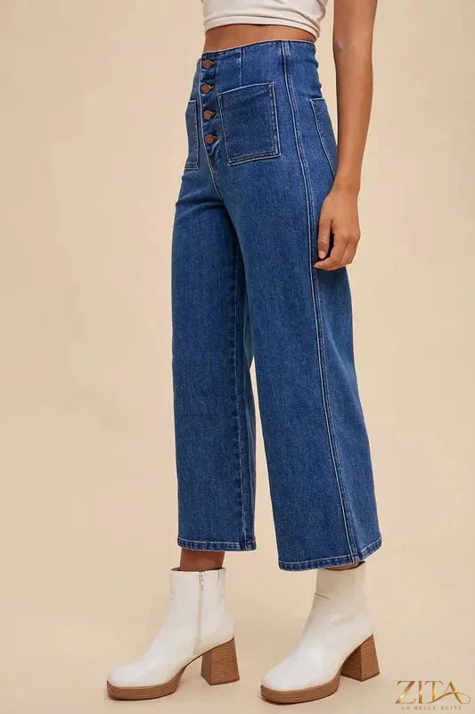Zita La Belle Elite Annie Wear button fly high waist jeans, front view showing classic denim with button closure and high-rise fit.