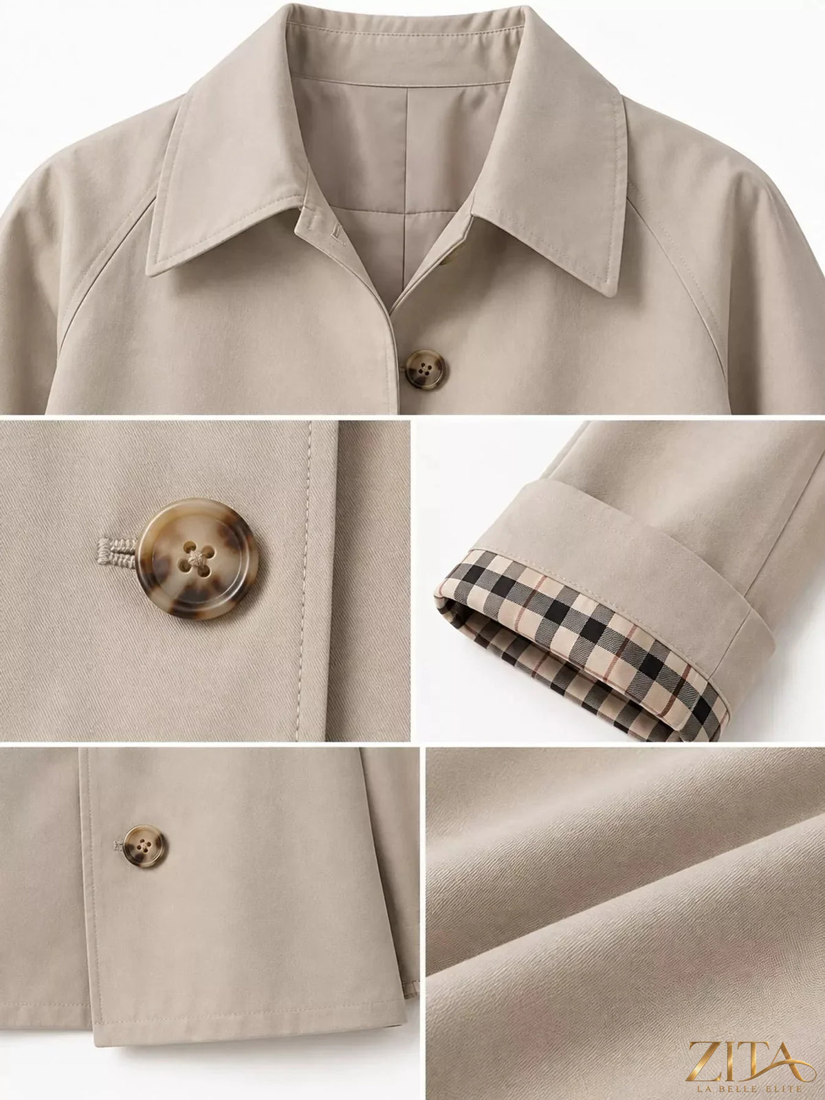 Zita La Belle Elite plaid cuffs cropped trench coat with button details and classic checkered pattern, stylish outerwear for women.
