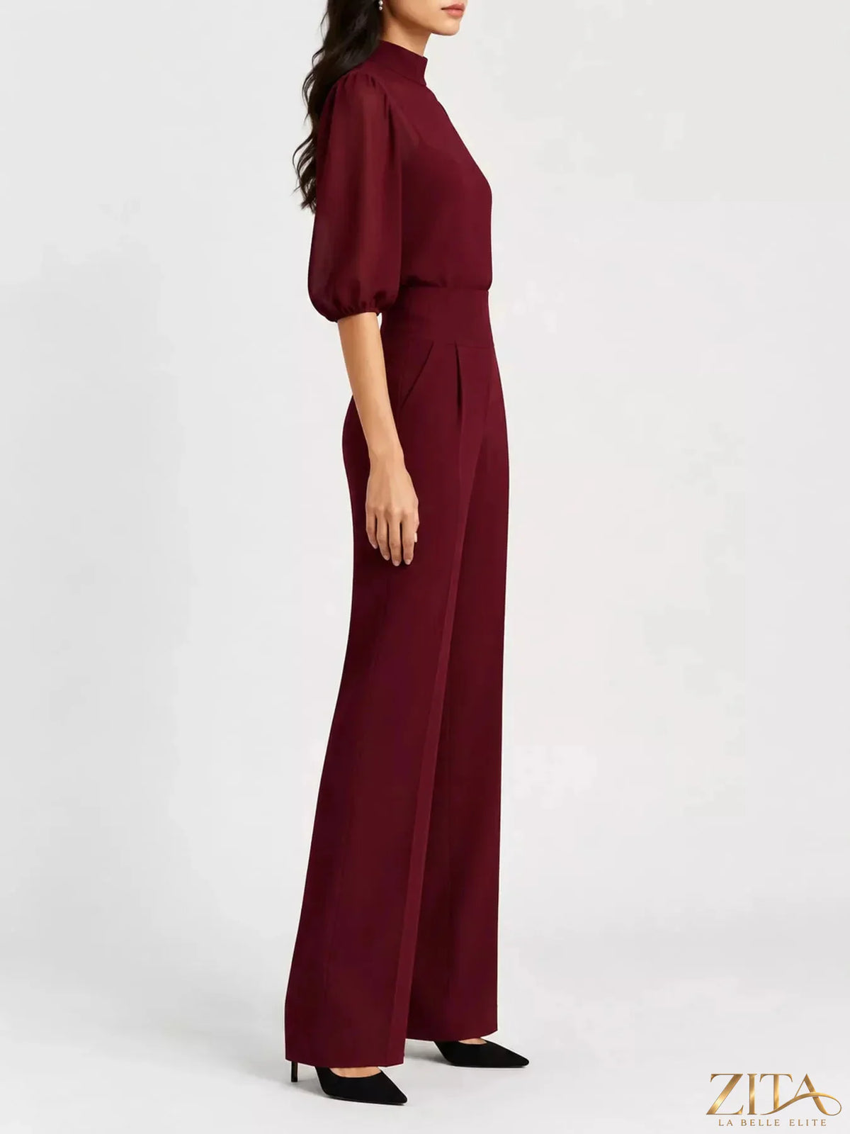 Zita La Belle Elite mock neck puff sleeve top and wide-leg pants set, stylish fashion ensemble in the image.