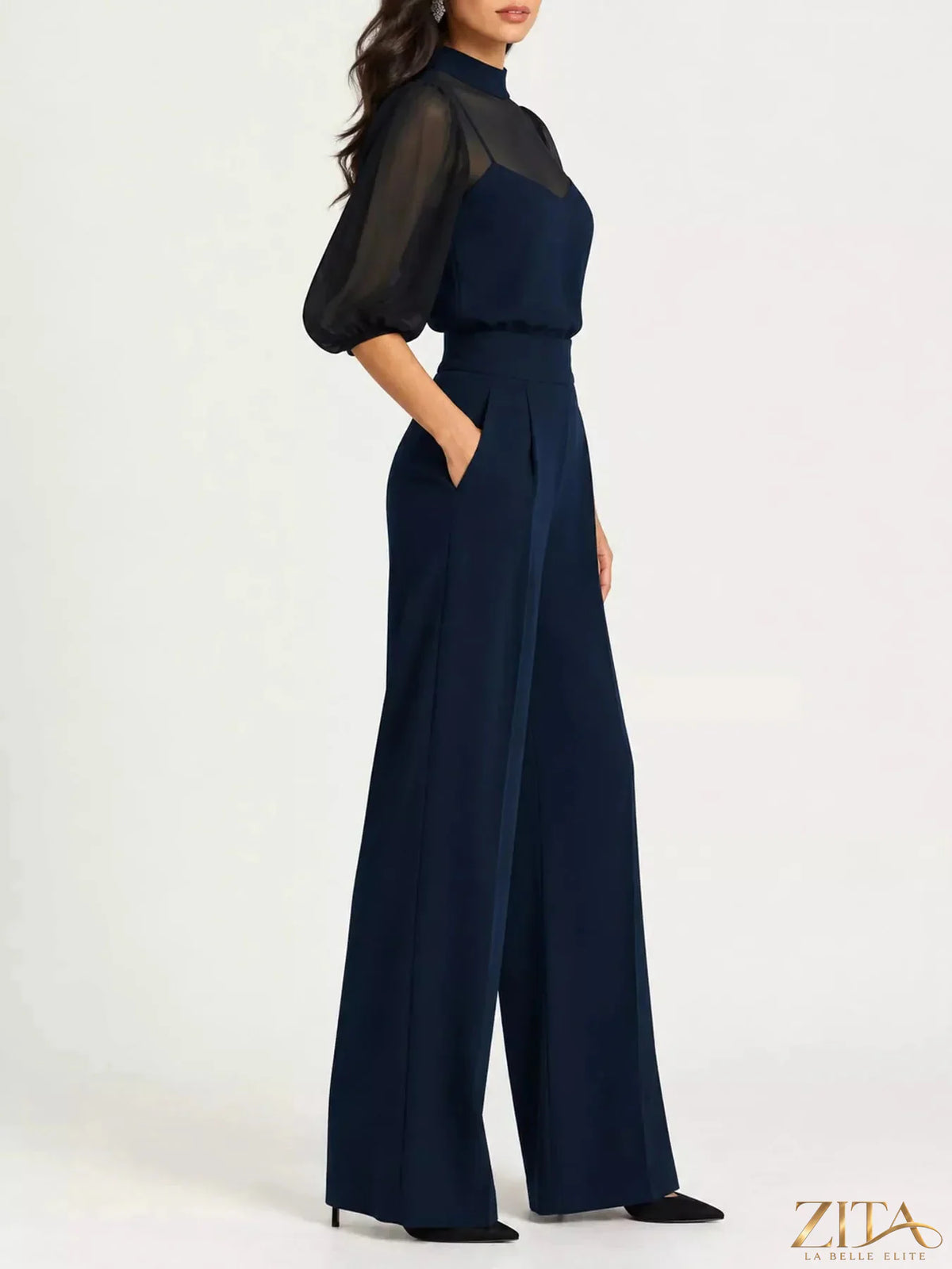 Zita La Belle Elite mock neck puff sleeve top and wide-leg pants set, stylish and coordinated outfit, in neutral fabric.
