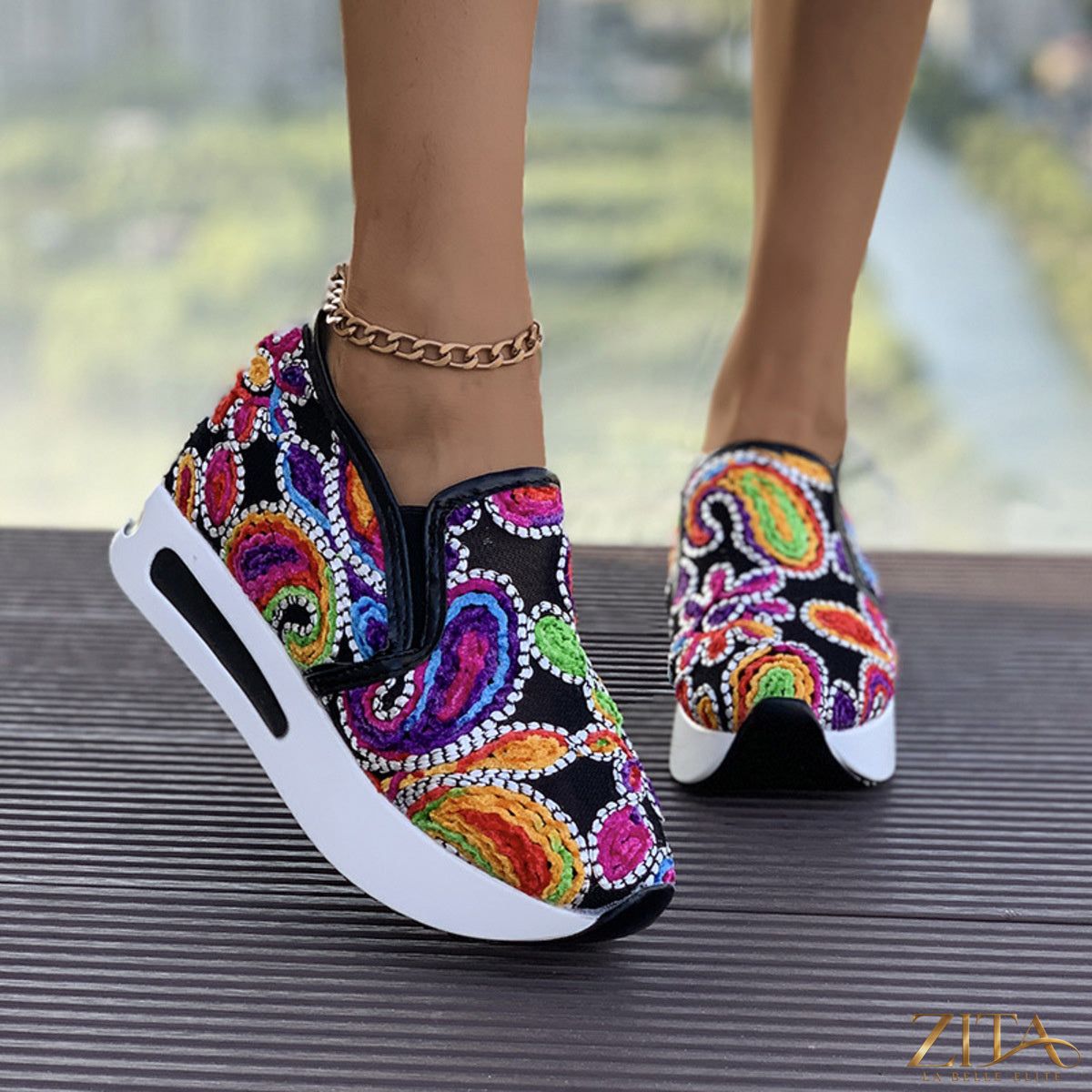 Zita La Belle Elite printed platform round toe sneakers with bold design and chunky soles on a white background.