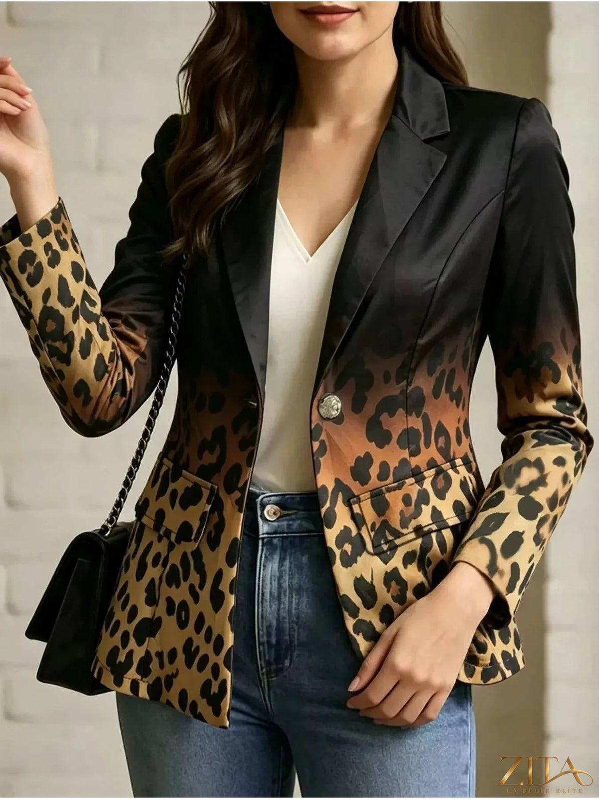 Zita La Belle Elite leopard print contrast long sleeve blazer featuring a stylish tailored fit and bold animal pattern.