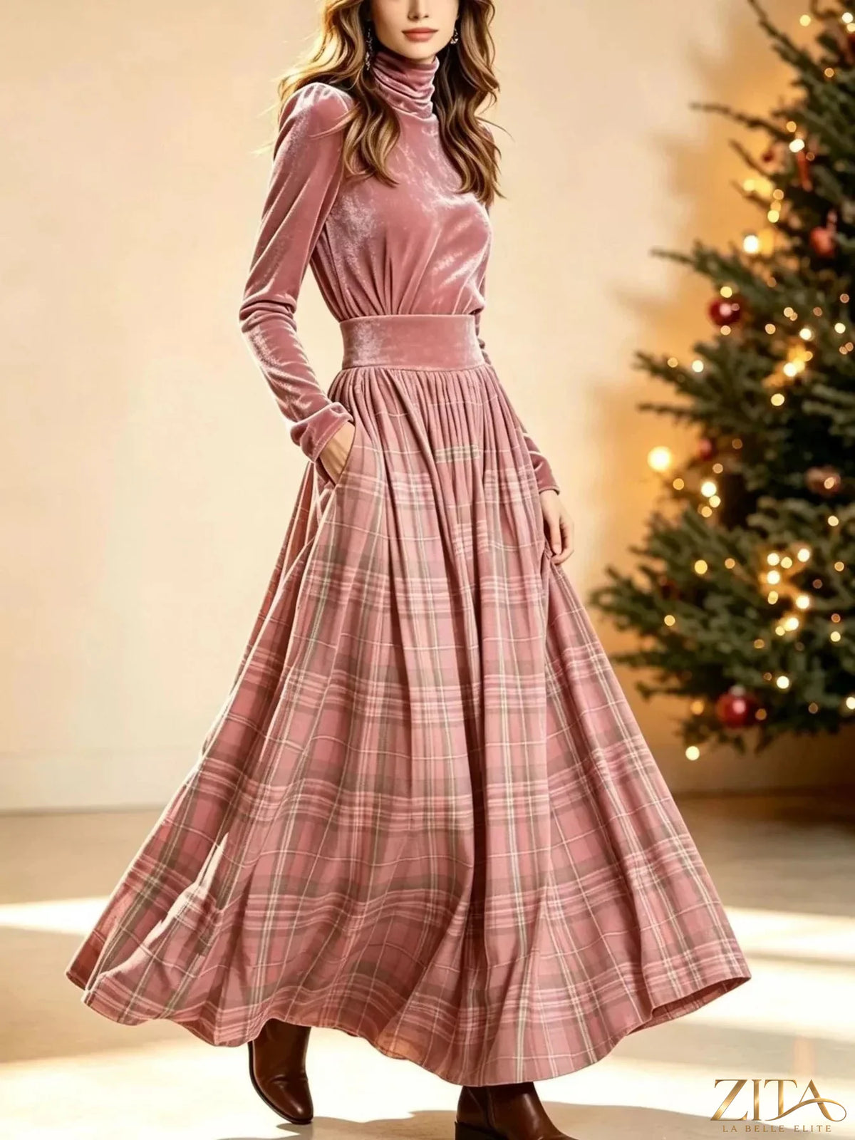 Velvet turtleneck top paired with a plaid maxi skirt in a trendy two-piece set by Trendsi, shown on a model.