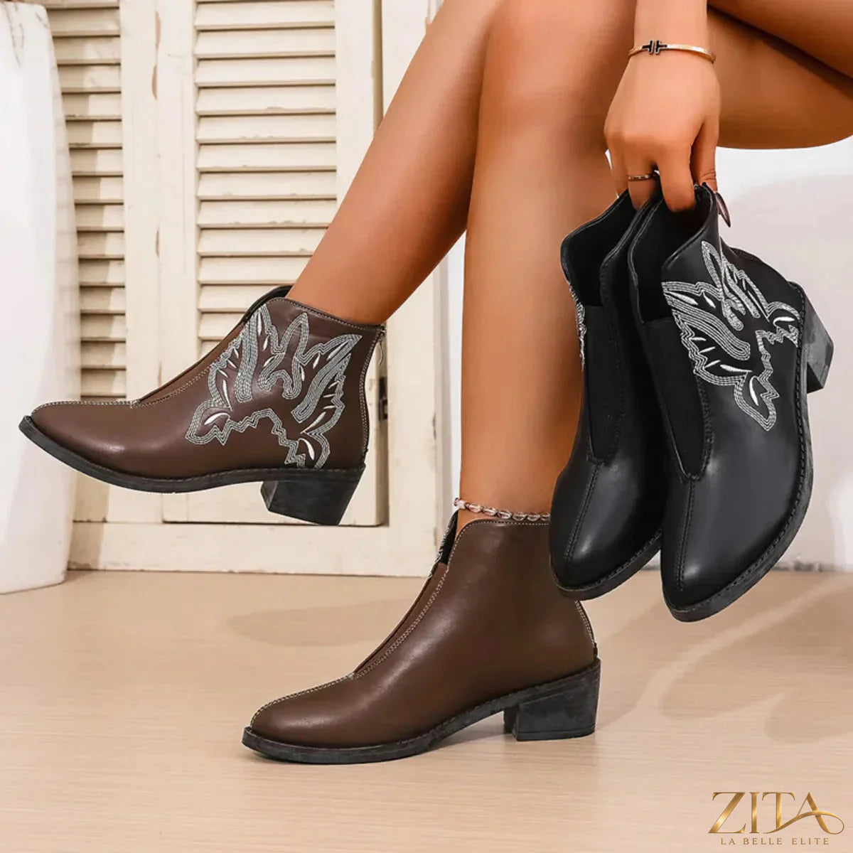 Western embroidered ankle boots by Zita La Belle Elite featuring intricate embroidery, pointed toe, and low heel.
