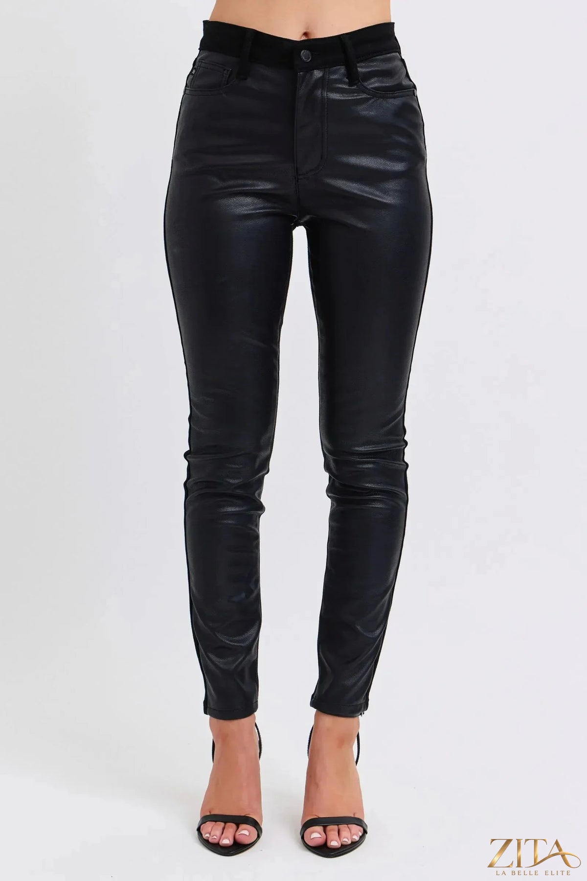 Zita La Belle Elite Judy Blue Plus Size HW faux leather skinny pants, black, fitted design with stretch waistband, front and back view