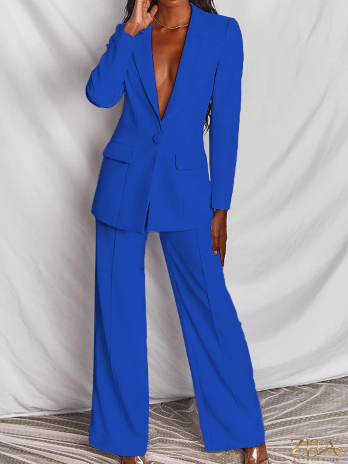 Plus size Zita La Belle Elite blazer and wide-leg pants set featuring a single-button blazer and matching wide-leg trousers.