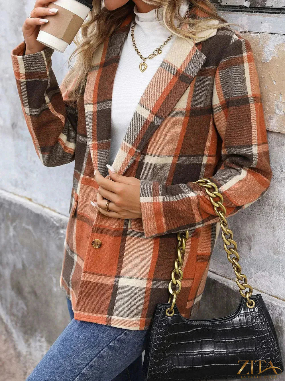 Zita La Belle Elite Perfee plaid button-down blazer with lapel collar, featuring a stylish checkered pattern and tailored fit.