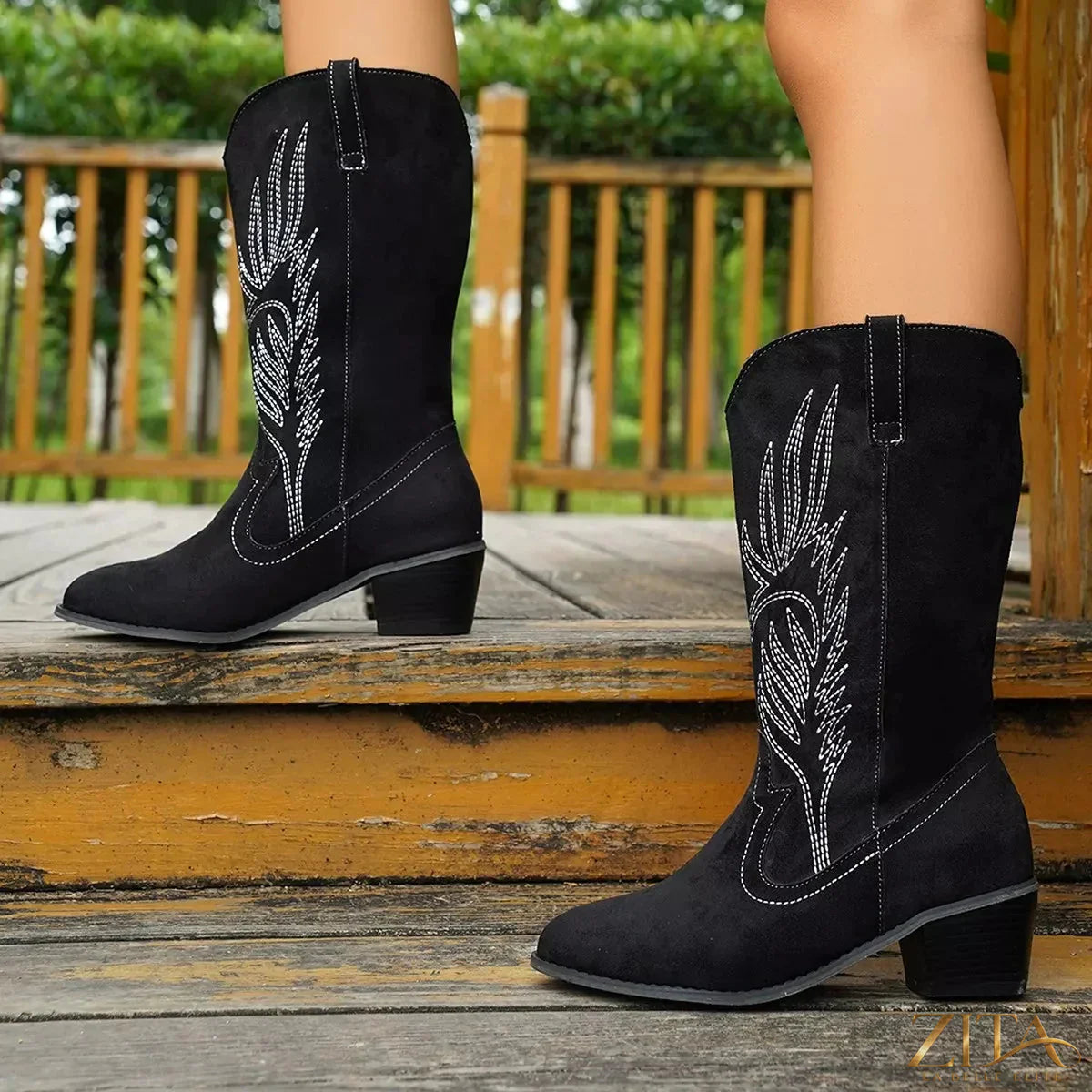 Zita La Belle Elite point toe block heel boots with sleek design and stylish silhouette, shown in black leather.