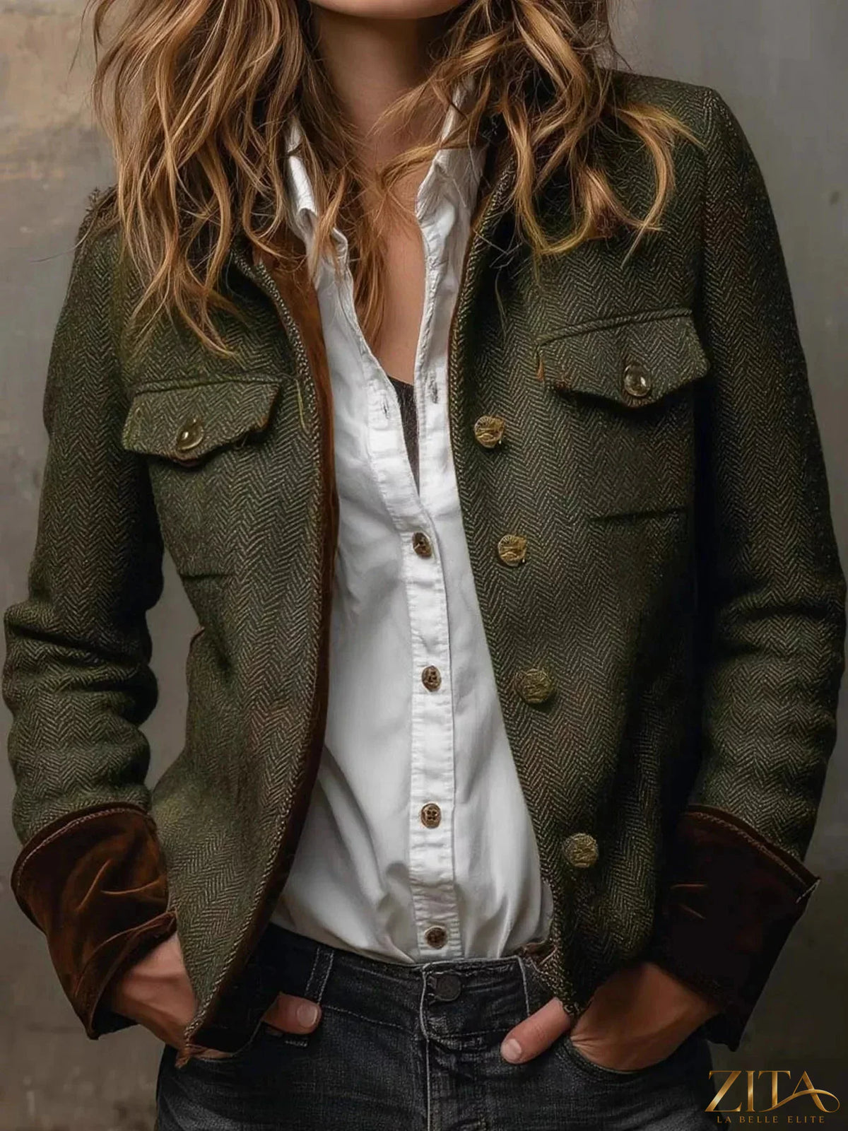 Plus size vintage Zita La Belle Elite herringbone tweed blazer with velvet cuffs, full size, stylish and classic tailored jacket