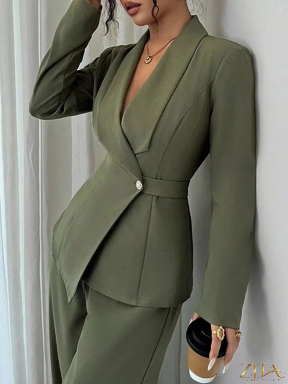 Zita La Belle Elite one-button blazer and matching pants set, tailored fit with classic design, shown on a model.
