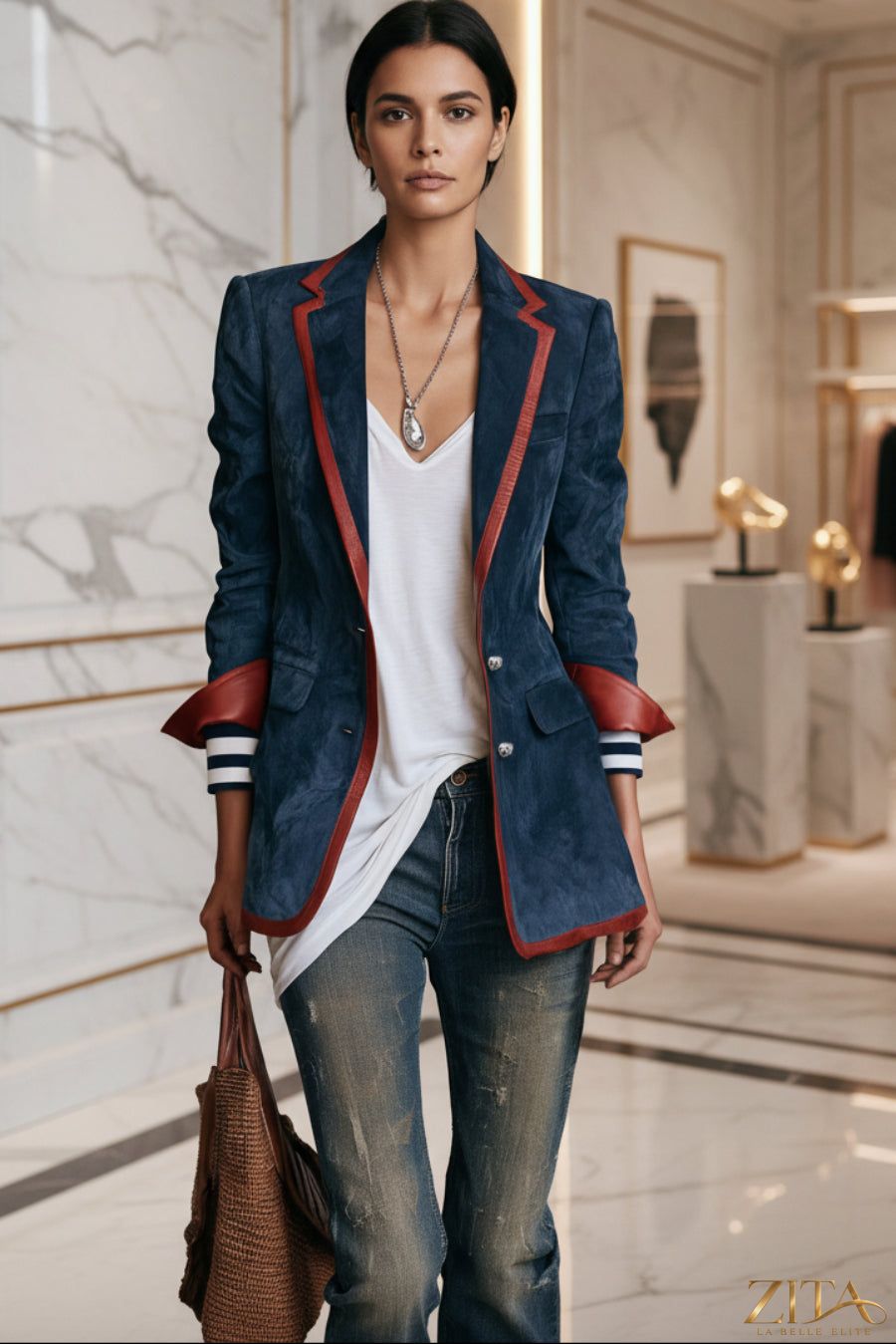 Zita La Belle Elite suede color-block blazer with contrast trim, stylish coat featuring bold color panels and tailored fit.