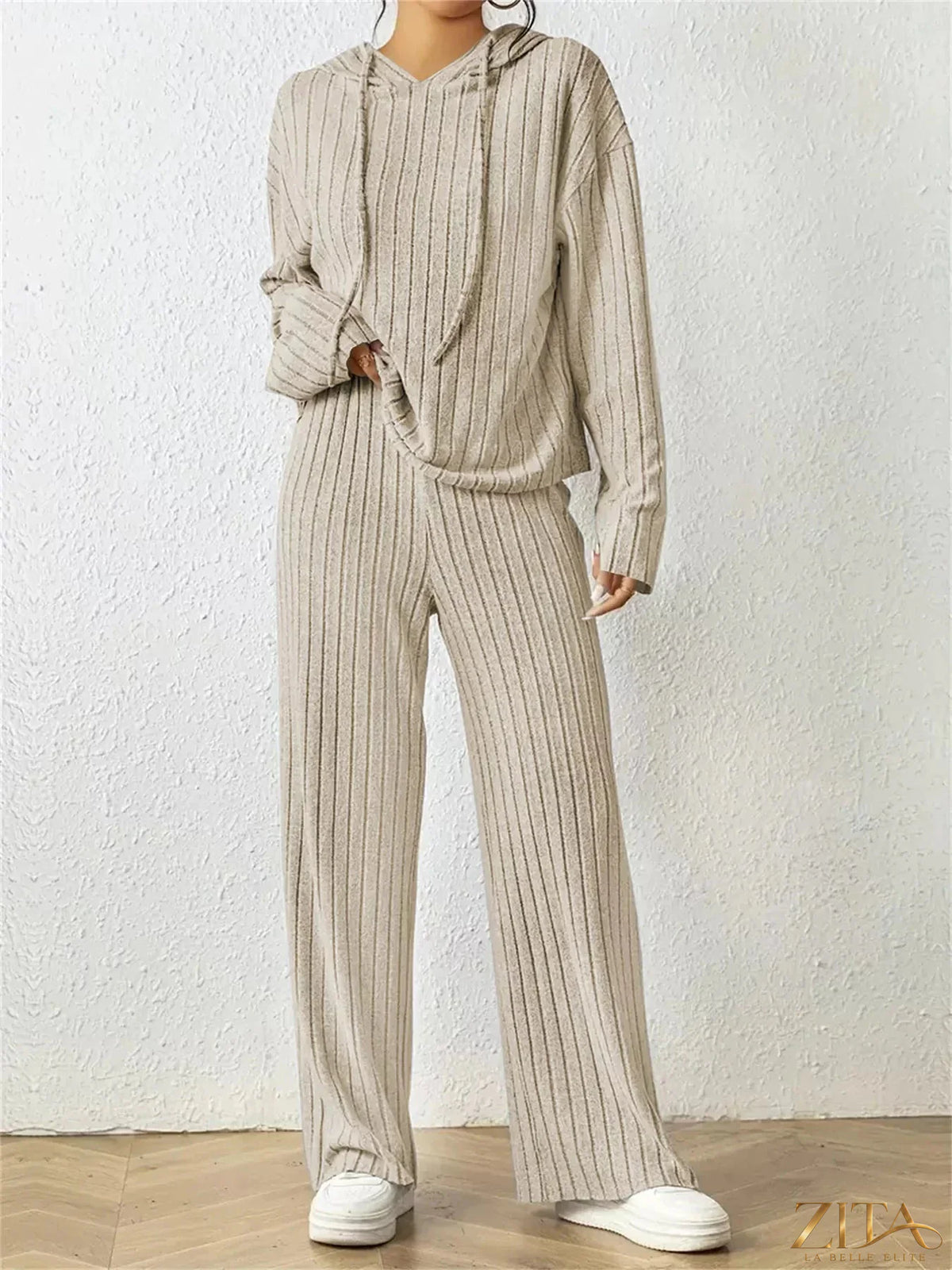 Zita La Belle Elite ribbed drawstring hoodie and matching pants set, casual loungewear with ribbed fabric and adjustable drawstrings.