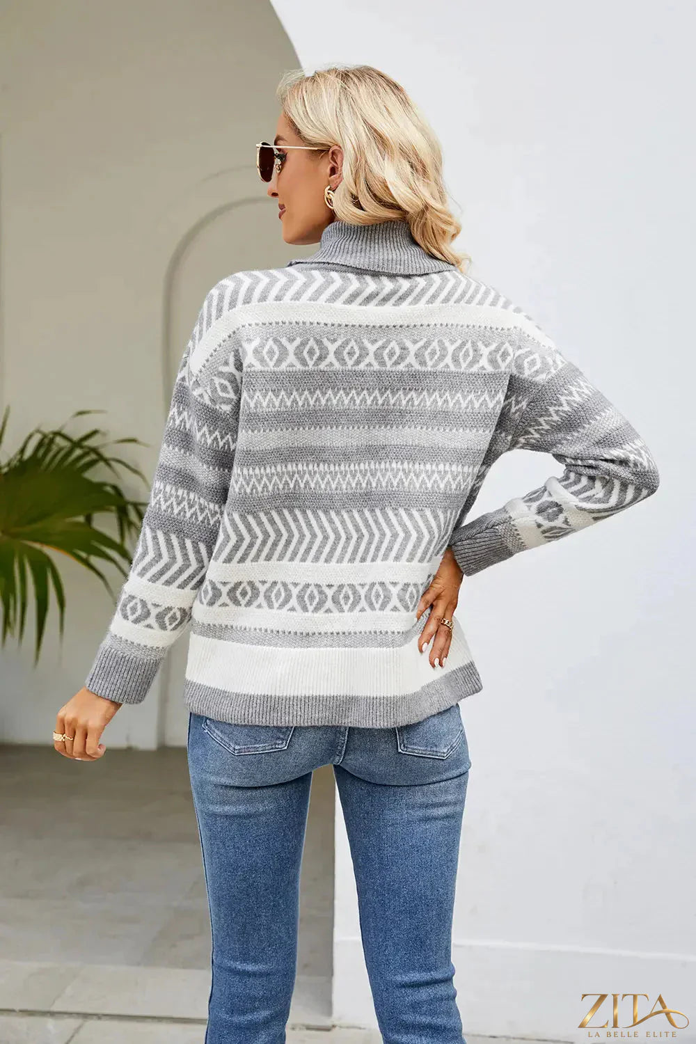 Geometric pattern turtleneck long sleeve sweater in neutral tones, stylish and cozy from Trendsi.