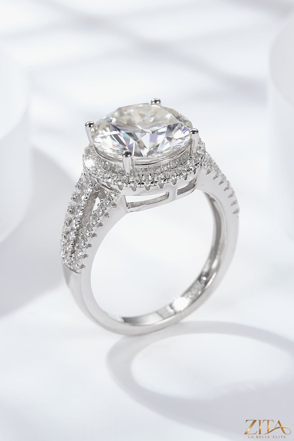5 carat moissanite split shank ring featuring sparkling stones and intricate band design, crafted by Trendsi.