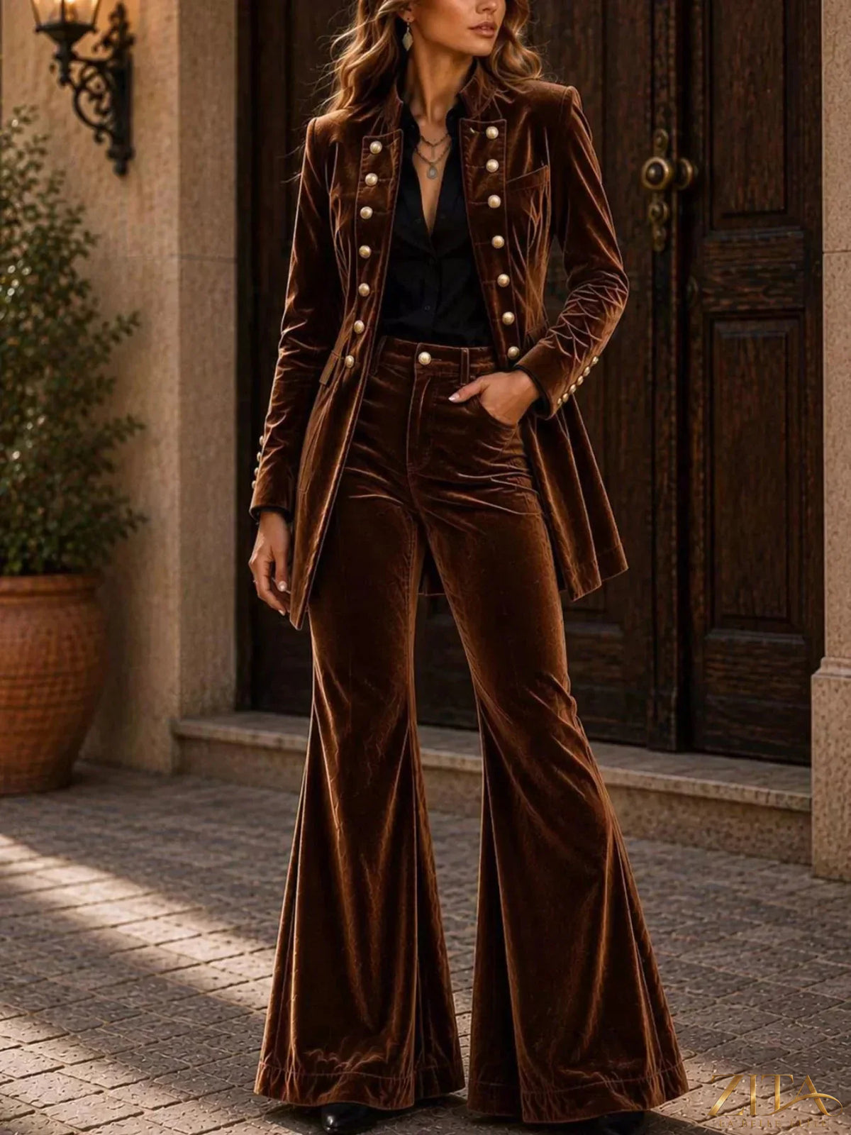 Velvet double-breasted blazer and flare pants set by Zita La Belle Elite, displayed on a mannequin.