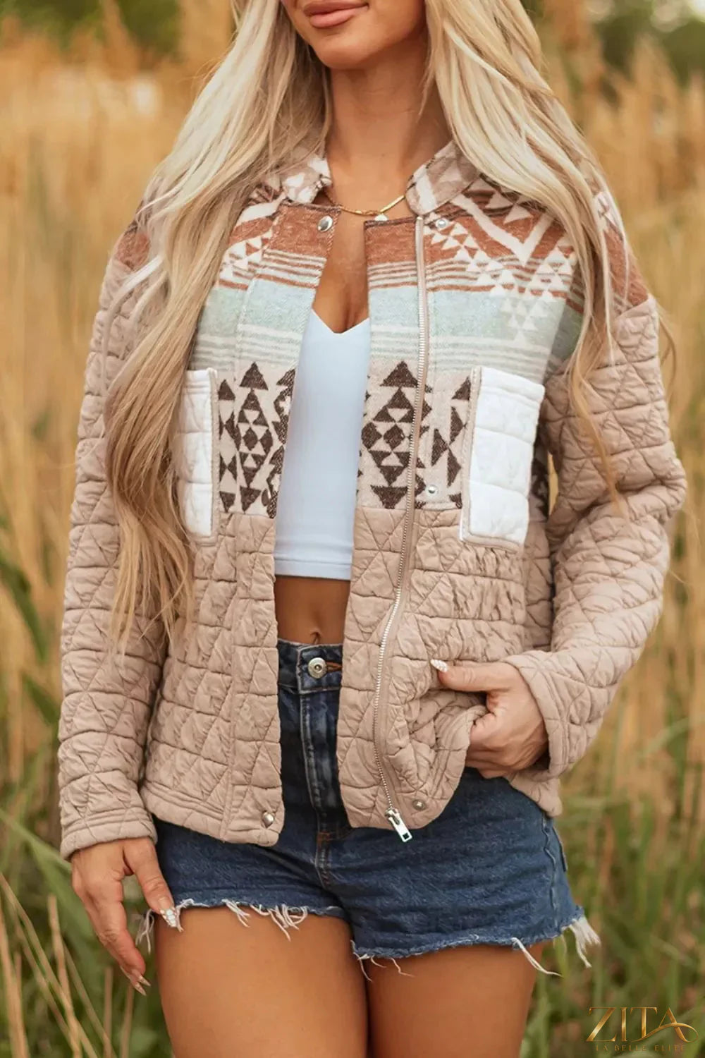 Aztec quilted patchwork Western jacket by Zita La Belle Elite with colorful geometric patterns and quilted detailing.